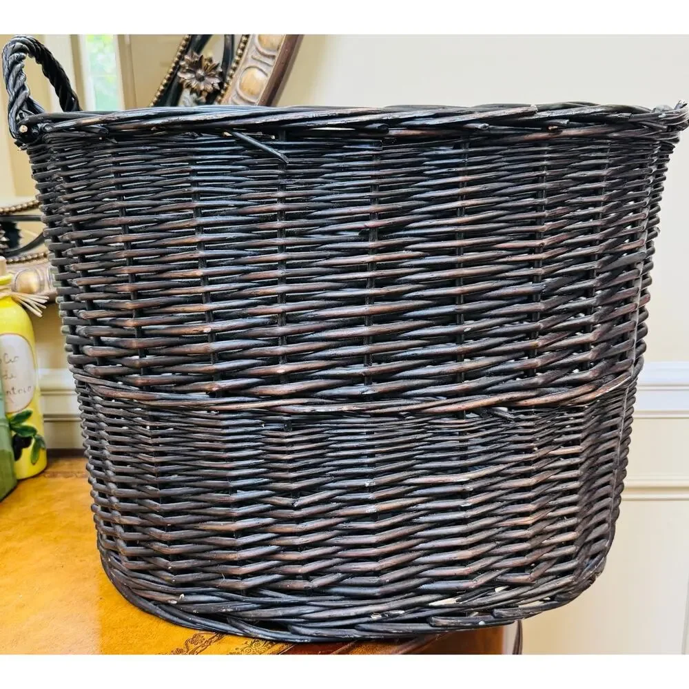Boho Extra Large Deep Oval Dark Brown Rattan Storage Basket w Braid Loop Handle